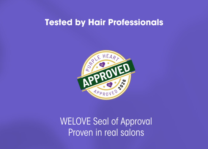 WELOVE Purple Hearts Approved seal displayed on Easydry blog header, recognising compostable salon towels tested by hair professionals