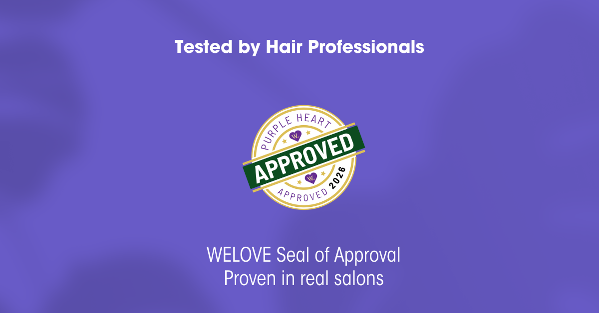 WELOVE Purple Hearts Approved seal displayed on Easydry blog header, recognising compostable salon towels tested by hair professionals