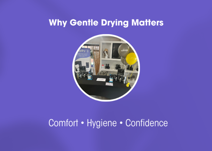 Easydry stand at the Aderans Confidence Collective promoting gentle hair drying, hygiene and compostable salon towels.