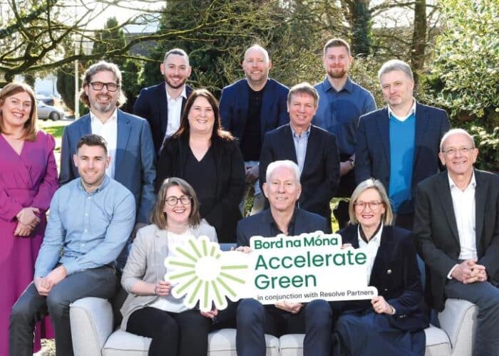 Bord na Móna’s Sharon Doyle; former MEP and European Commissioner Mairead McGuiness; and Bord na Móna chief executive Tom Donnellan, with the Accelerate Green Grow 2025 participants at the launch of the programme. Photo by Marc O'Sullivan