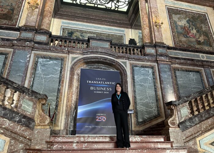 Anne Butterly speaking at the USA–EU Transatlantic Business Summit in Brussels