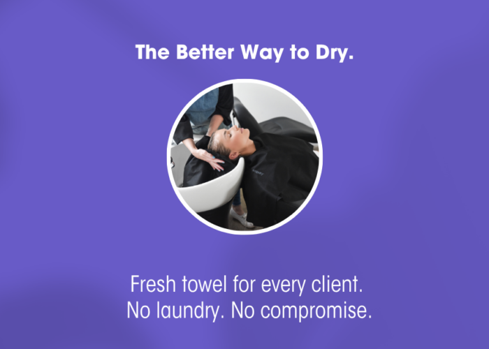 Professional salon client at backwash using Easydry compostable salon towels with text overlay reading “The Better Way to Dry” and “Fresh towel for every client. No laundry. No compromise.